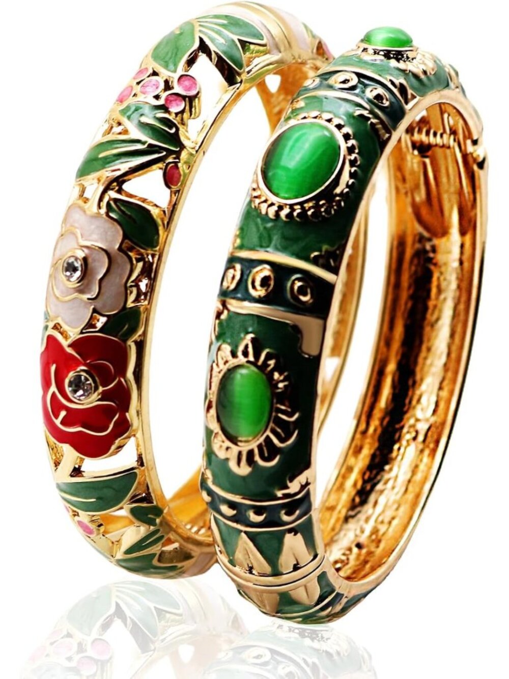 Vintage Green Enameled Bangle Bracelet with Gemstone Floral Design - Women's